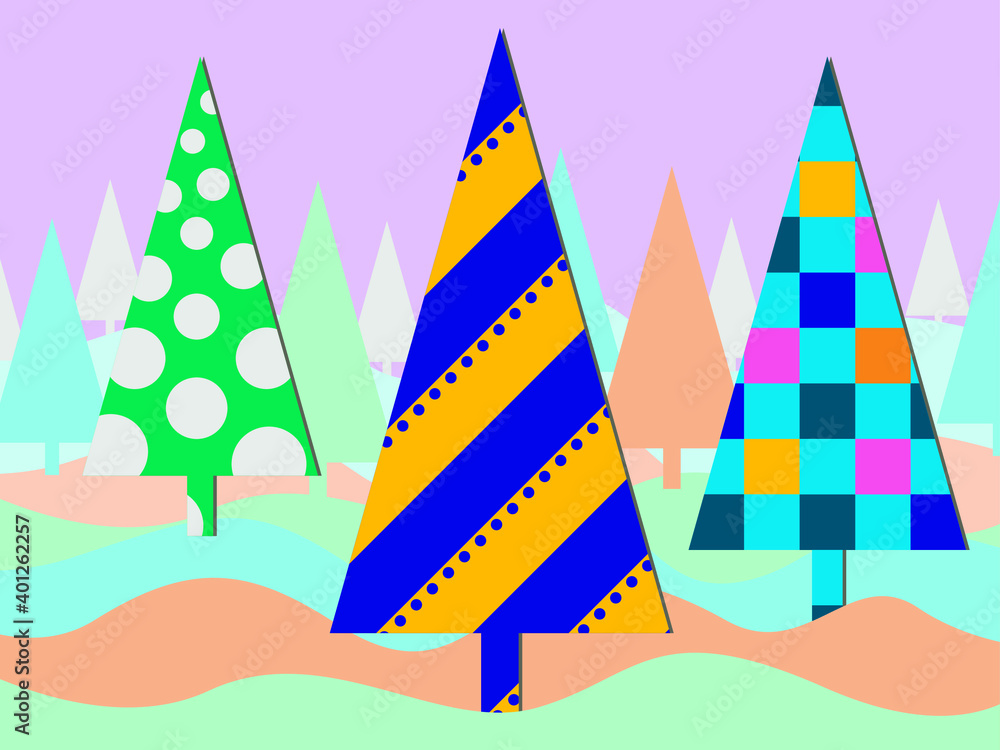 Vector illustration-abstract forest of triangular Christmas trees with geometric patterns. Festive concept - new year