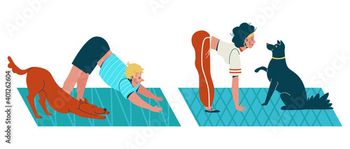 People practicing yoga with pets, man and woman exercising with cats and dogs isolated on white. Home training. Hobby. Stay home.
