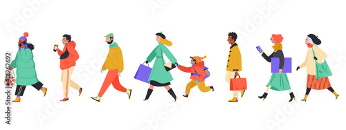 The profile of various walking people. Walkers isolated vector illustration icons set. Different character people.