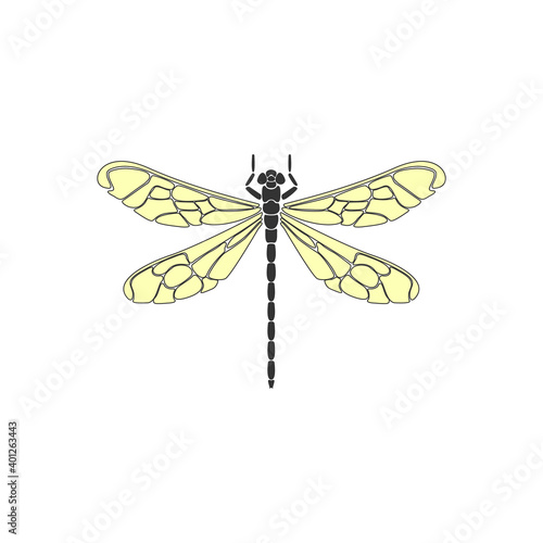 Dragonfly. Black dragonfly with yellow wings on white background. Flat design. Silhouette icon. Vector illustration