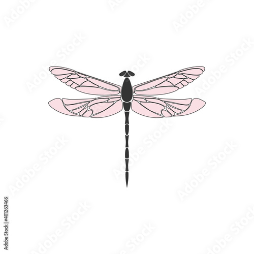 Dragonfly. Black dragonfly with pink wings on white background. Flat design. Silhouette icon. Vector illustration
