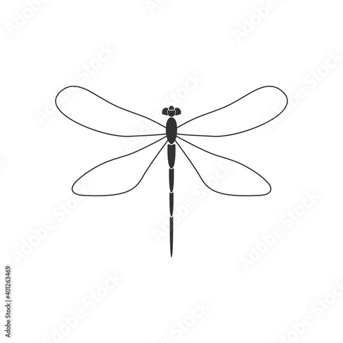 Dragonfly. Black dragonfly with linear wings on white background. Flat design. Silhouette icon. Vector illustration