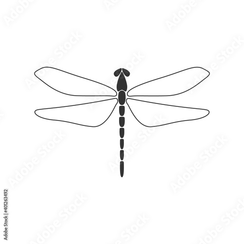 Dragonfly concept. Black dragonfly with linear wings on white background. Flat design. Silhouette icon. Vector illustration