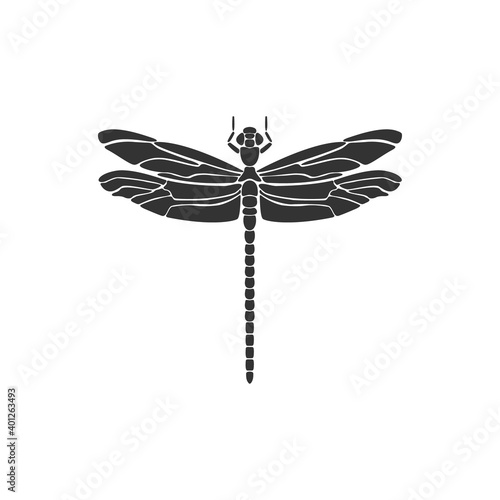 Dragonfly icon. Black dragonfly sign. Flat design. Silhouette icon. Vector illustration