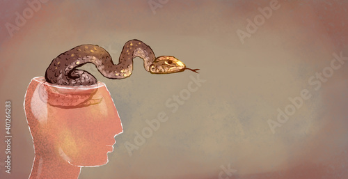 illustration of a glass head with a snake inside. Metaphor of cunning, deceit, deceit
