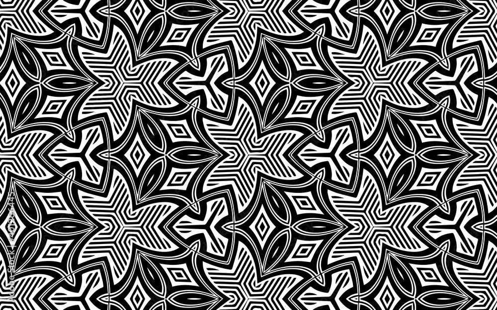 Black white geometric texture with folk pattern of abstract shapes in doodling style for coloring. Ethnic background for wallpaper, textile decoration.