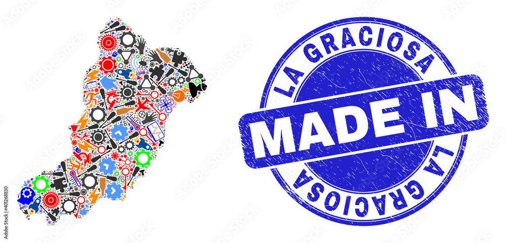 Industrial La Graciosa Island map mosaic and MADE IN textured rubber stamp. La Graciosa Island map composition formed with spanners,cogs,screwdrivers,components,cars, electric strikes,details. Industrial La Graciosa Island map mosaic and MADE IN textured rubber stamp. La Graciosa Island map composition formed with spanners,cogs,screwdrivers,components,cars, electric strikes,details.