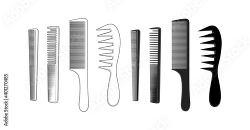 set of combs for barber - vector illustration isolated on white background. cutting tools