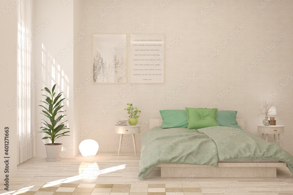 Naklejka premium White bedroom interior. Scandinavian design. 3D illustration
