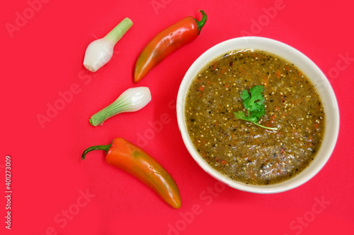Delicious green sauce, with Mexican chili.