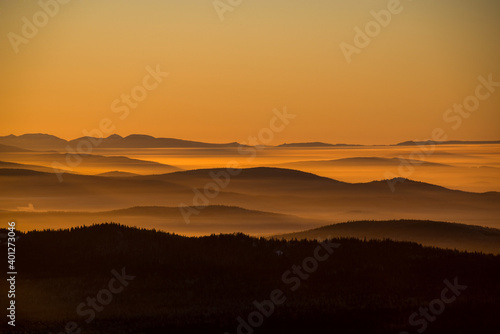 Fototapeta Naklejka Na Ścianę i Meble -  the sun sets below the horizon and illuminates the fog in the valley with a yellow light