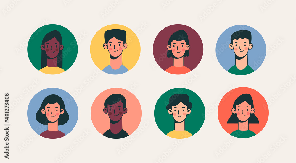 Heads and necks of boys and girls. Various haircuts. Young men and women. Colorful characters. People avatars. Hand drawn set of round Vector Icons. Cartoon style. Social media concept Heads and necks of boys and girls. Various haircuts. Young men and women. Colorful characters. People avatars. Hand drawn set of round Vector Icons. Cartoon style. Social media concept