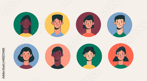 Heads and necks of boys and girls. Various haircuts. Young men and women. Colorful characters. People avatars. Hand drawn set of round Vector Icons. Cartoon style. Social media concept