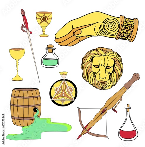 Magic stickers. Wild fire, crossbow, old scroll. The head of a golden lion and the sign of the right hand. Great house symbols collection. photo