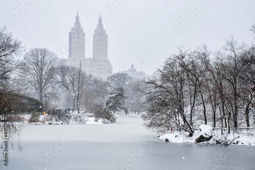Sticker New York City - USA - Dec 17 2020: Winter Morning Snow Storm Hits Central Park N