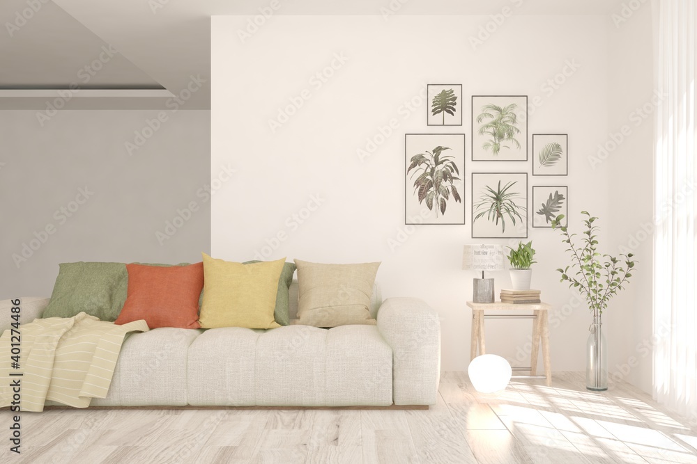 White living room with sofa. Scandinavian interior design. 3D illustration White living room with sofa. Scandinavian interior design. 3D illustration