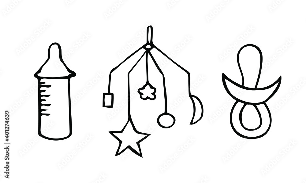 Vector illustration with kids toys, rattle, feeding bottle. Set of hand drawn icons and symbols for print, poster, sticker, card design. Doodle design elements. Vector illustration with kids toys, rattle, feeding bottle. Set of hand drawn icons and symbols for print, poster, sticker, card design. Doodle design elements.