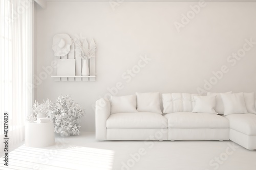 White minimalist living room with sofa. Scandinavian interior design. 3D illustration