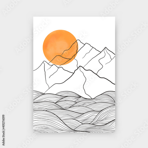 Abstract mountain landscape poster design. Contemporary line drawing sun mount shapes, doodle geometric art. Vector illustration