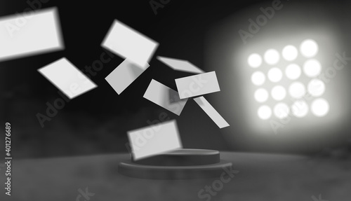 Floating empty business card showcase, paper for text template in dark studio room with spotlight realistic vector illustration