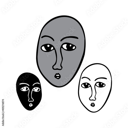 Isolated black and white vector illustration set of abstract lined cubist faces