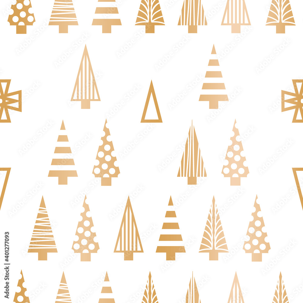 Obraz premium Vector white gold Christmas trees seamless pattern