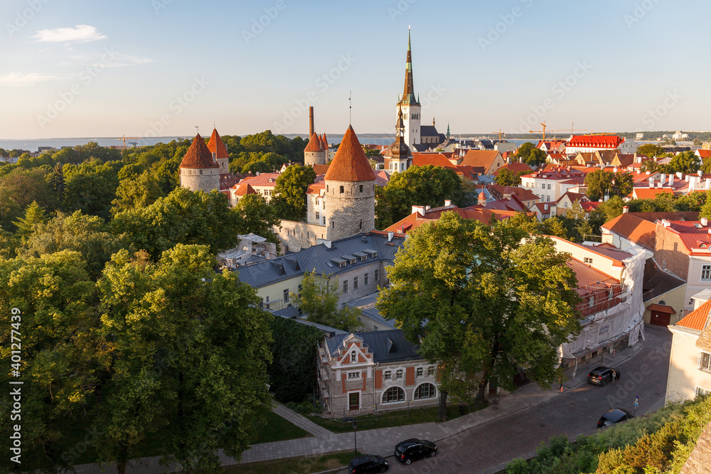 Tallinn old town roof top view. Sunset in summer.