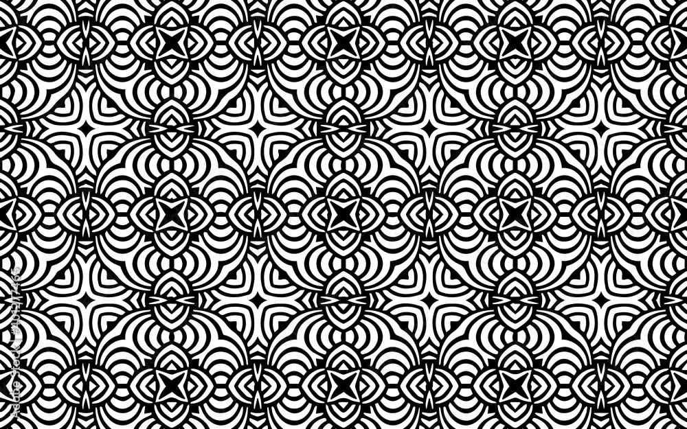 Ethnic black white indian pattern in doodling style. Geometric texture from polygons and intertwined lines for coloring book, wallpaper.
