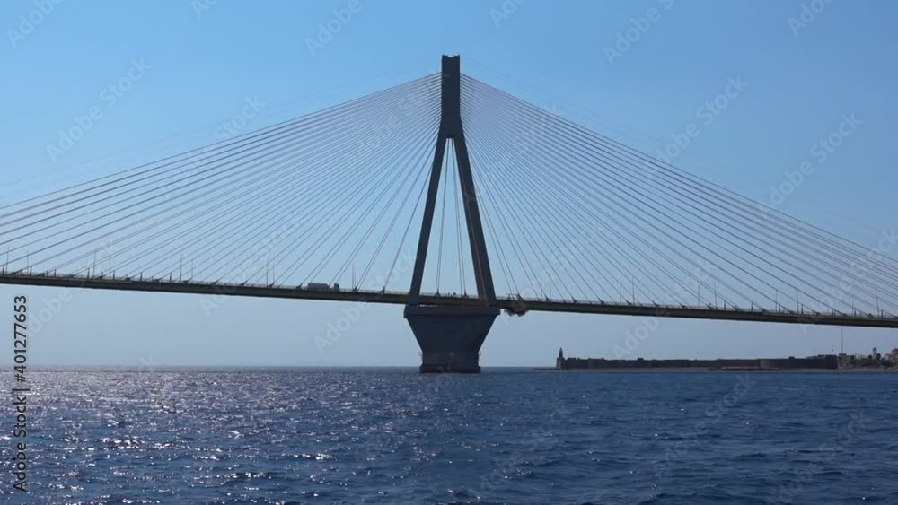 Still video of famous modern cable bridge Harilaos Trikoupis or Rio Antirio bridge one of the longest in Europe crossing mainland Greece to Peloponnese Still video of famous modern cable bridge Harilaos Trikoupis or Rio Antirio bridge one of the longest in Europe crossing mainland Greece to Peloponnese