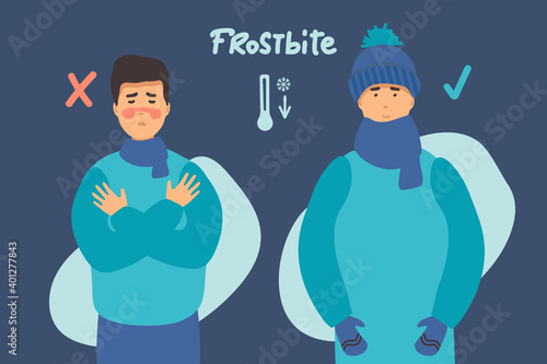 man froze. Frostbite concept banner. Cartoon illustration of frostbite vector concept banner. the man is cold and the man is warmly dressed. flat design. for infographic.