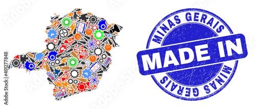 Technical mosaic Minas Gerais State map and MADE IN grunge stamp. Minas Gerais State map collage composed from wrenches,wheel,screwdrivers,items,transports,electricity strikes,details.