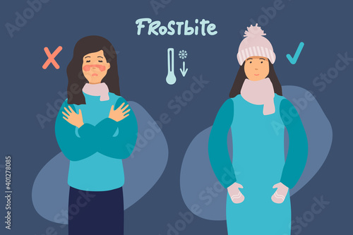 woman froze. Frostbite concept banner. Cartoon illustration of frostbite vector concept banner. the man is cold and the woman is warmly dressed. flat design. for infographic.