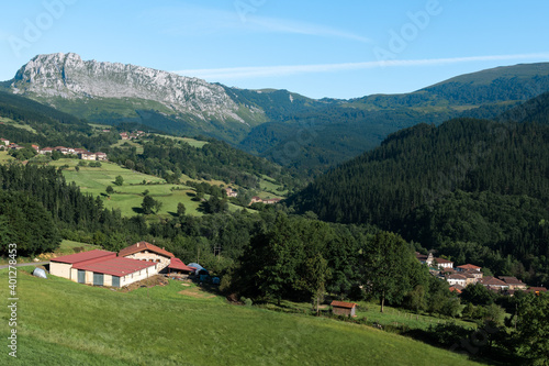 Itxina mountain with Zaloa and Urigoiti villages, Orozko, Basque Country 
