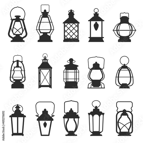 Lantern black silhouette set, hanging lights in decorative retro metal