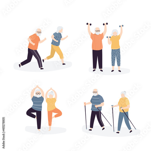 Set of old people doing sports exercises. Elderly couple running, walking and doing yoga poses. Outdoor fitness for grandparents.