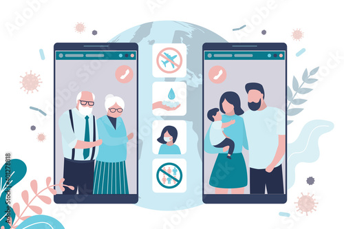 People communicate by online video call. Family with little kid talking with grandparents on smartphone screens.