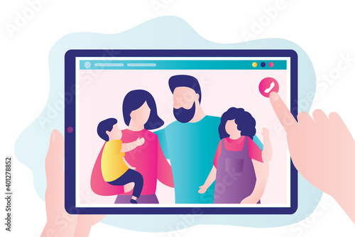 Cartoon family on tablet screen. Hand holds device with parents and children in screen. Video call and online conference