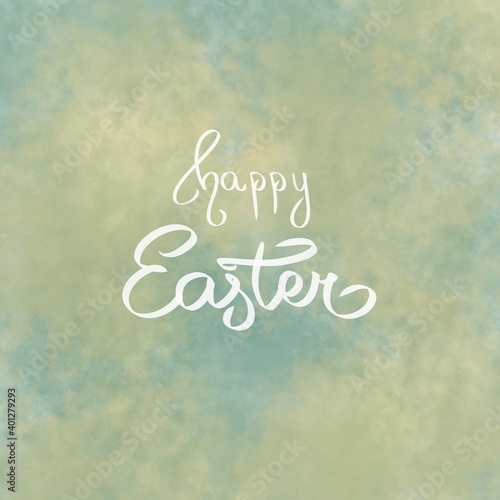 Happy Easter illustration brush hand lettering on green background. Holiday greeting card or postcard. Cute sign sweet lettered quote. Modern calligraphy. Template for invitation.