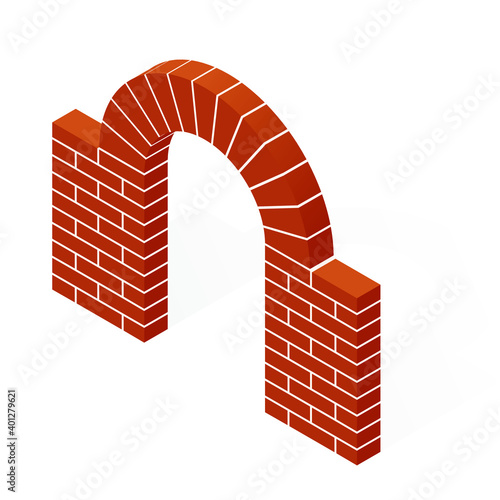 3D masonry icon in isometric view. Colorful isometric stone architectural arch in flat style. Vector illustration red brick arch isolated on a white background. Isometric vector illustration. Cartoon.