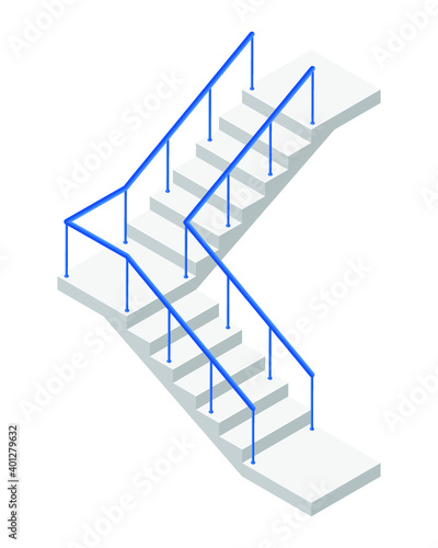 Modern stair with blue metal railing and turn in flat style. Vector illustration concrete staircase isolated on a white background. Industrial flight of stairs icon in isometric view. Modern stair wit