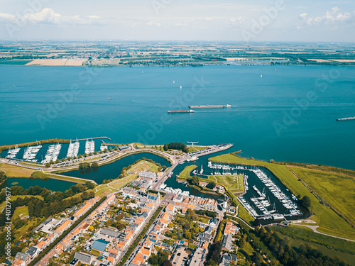 Aerial drone shot of the Willemstad city in the Netherlands. 