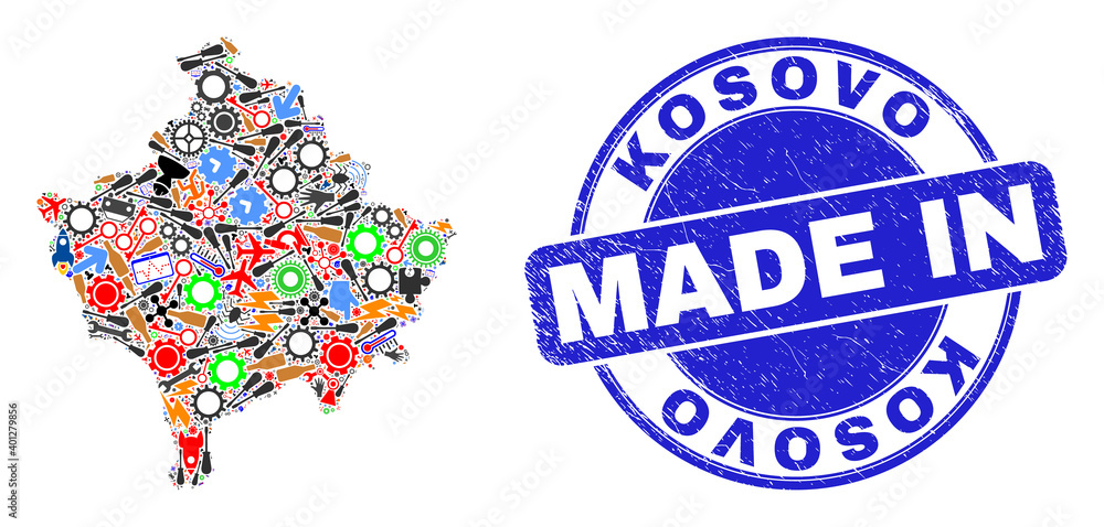 Engineering Kosovo map mosaic and MADE IN textured rubber stamp. Kosovo map mosaic formed from wrenches,wheels,instruments,elements,transports,electricity strikes,details. Engineering Kosovo map mosaic and MADE IN textured rubber stamp. Kosovo map mosaic formed from wrenches,wheels,instruments,elements,transports,electricity strikes,details.