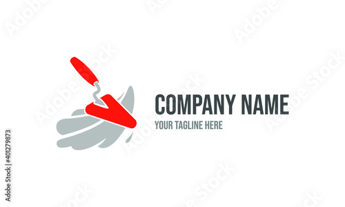 Masonry creative icon concept. Orange spatula vector logo template for home repair service or building company. Illustration of red plastering trowel. Plasterer tool vector design. Brick construction.