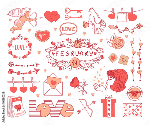 Valentine's day set of elements on a white background. Vector illustration.