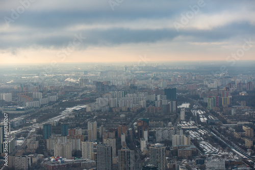 Aerial view of Moscow city in winter. Form from the observation platform of the business center of Moscow City. Photography from a height of 354 meters.