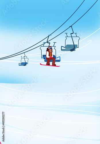 Winter vacation. Ski-lift on the background. Illustration