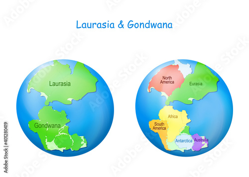 Maps Laurasia and Gondwana, continental borders, and ocean Tethys. photo