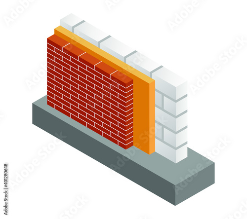 Vector illustration driving insulation brick wall. Isometric white brickwork isolated on white background. AAC block wall of the house icon for web. Thermal protection. Material for home repair. 3D.