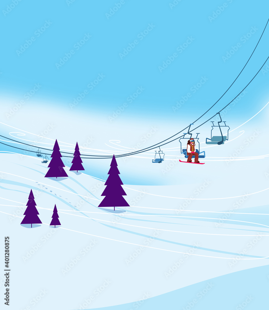 Winter vacation at the ski resort. Ski slope with ski lifts and Christmas trees on a blue sky background. Illustration