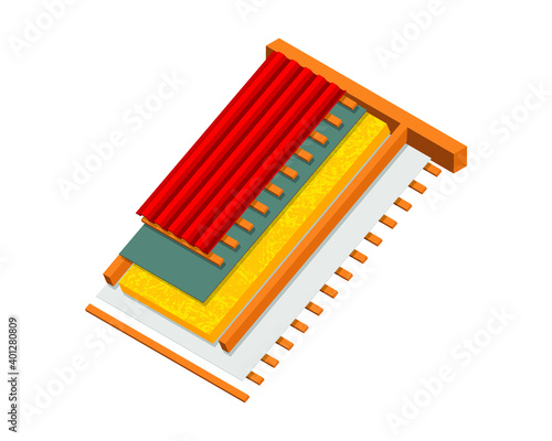 Vector illustration house roof system with heat insulation, waterproofing and vapor barrier isolated on white background.  Technical details of the roof of the house isometric icon in flat style. 3D.